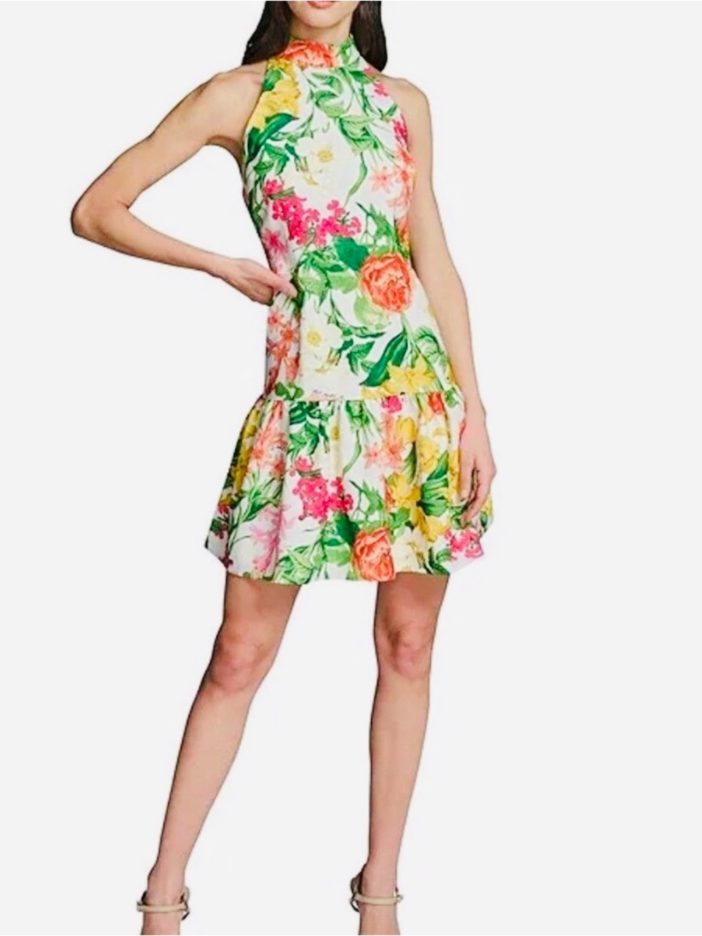 Karl Lagerfeld Floral High-Neck  Dress - White with Pink & Green & Yellow